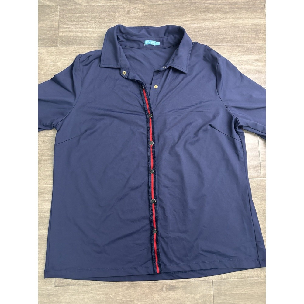J McLaughlin Brynn Stretch Cotton 3/4 Sleeve Snap Button Shirt Navy Sz L